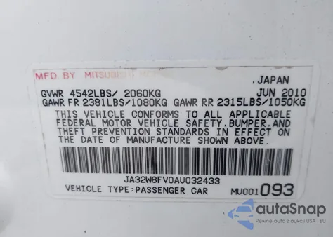 2010 Mitsubishi Lancer Evolution Gsr from USA, damaged, VIN JA32W8FV0AU032433
